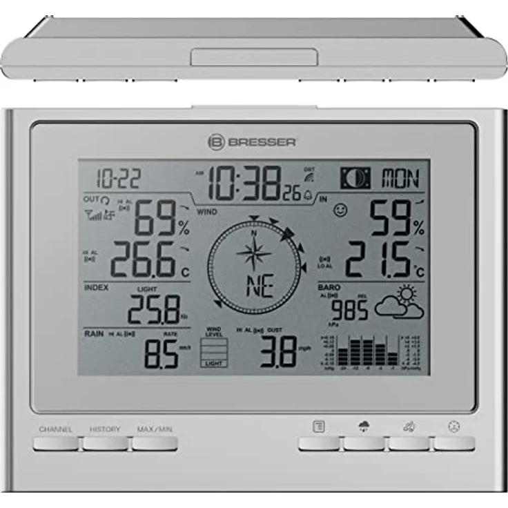 Bresser Wetterstation Funk mit Außensensor 7-in-1 Wetter-Center ClimateScout mit Profi-Außensensor, silber – Bild 3