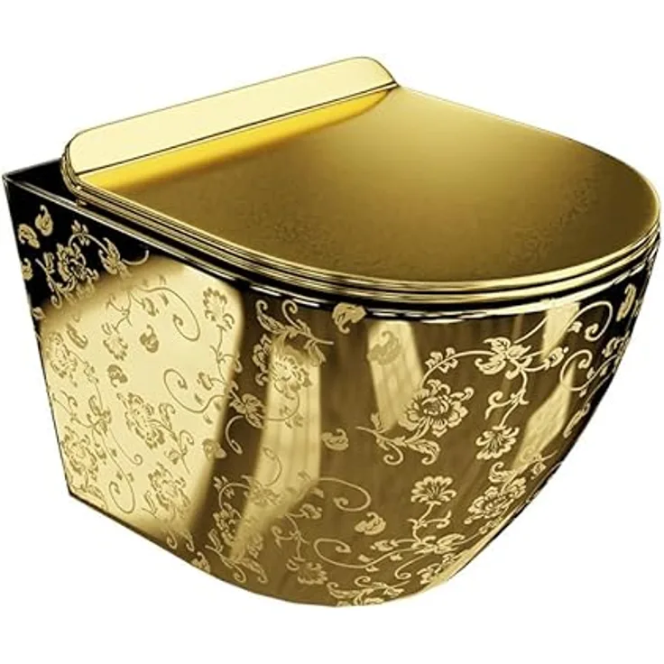 lavita Wand-WC Sofi Slim Golden Eye | Hänge Toilette mit Absenkautomatik & Metallscharniere | Spülrandlos Hängend | 365x490x395 mm | Gold