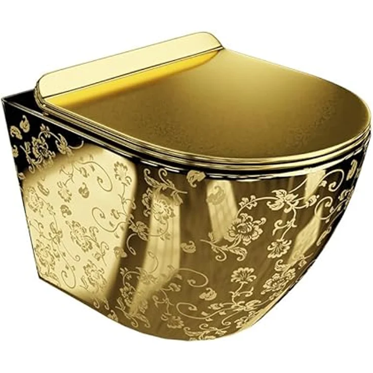 lavita Wand-WC Sofi Slim Golden Eye | Hänge Toilette mit Absenkautomatik & Metallscharniere | Spülrandlos Hängend | 365x490x395 mm | Gold – Bild 1