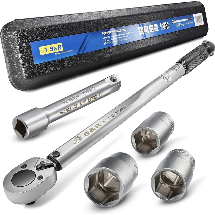S&R Drehmomentschlüssel 475mm, 1/2", 28-210 Nm, aus Chrom-Vanadium, Umschaltbare Ratsche mit bruchfesten Nüssen, TÜV geprüft, Set mit Verlängerung und Stecknüssen (17, 19, 21 mm) – Bild 1