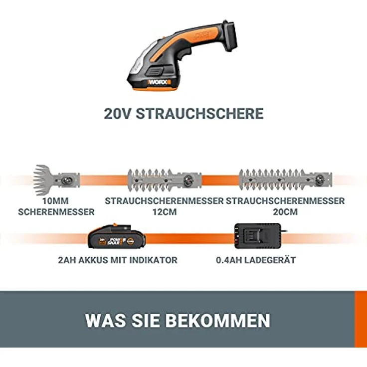 Worx 20V Gras- und Strauchschere WG801E mit Akku und Ladegerät, inkl. 3 Verschiedene Messer – Bild 6
