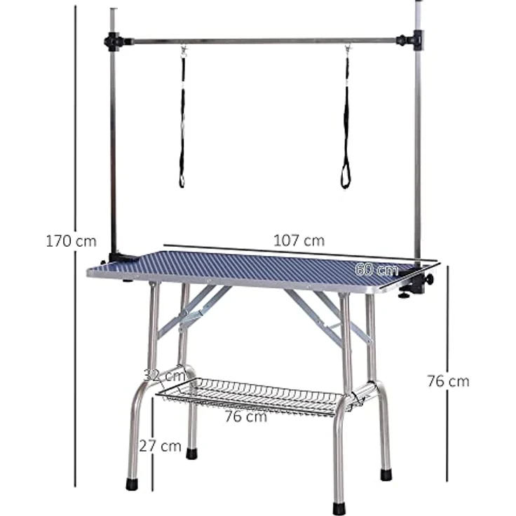 Pawhut Trimmtisch Tierpflegetisch Schertisch Pflegetisch mit Unterkorb für Hunde höhenverstellbar klappbar Edelstahl Metall Blau 107 x 60 x 170 cm – Bild 3