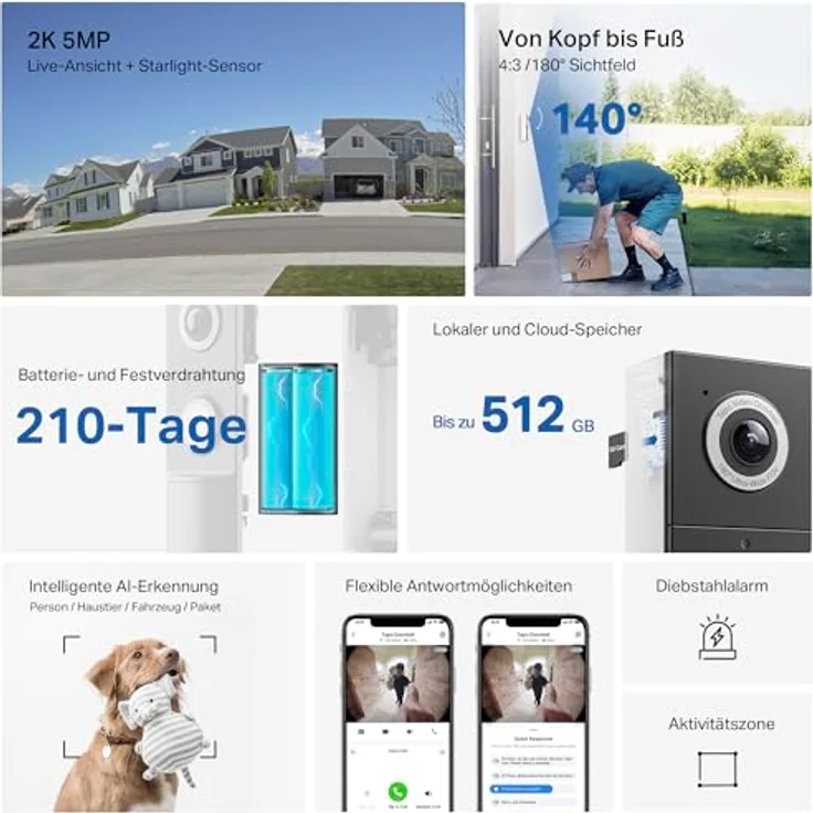 TP-Link Tapo D235 Video-Türklingel Akku/Festverdrahtet (Video Doorbell) | 2K 5MP, Farbe Nachtsicht, 180° ultrabreiten Sichtfeld, 10000 mAh Nicht entfernbarer Akku, Mit Chime, Alexa – Bild 2