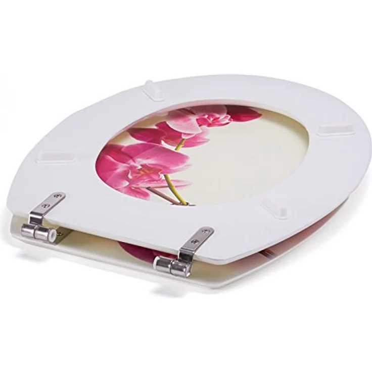 MSV WC-Sitz Lanyu, MDF, 42,5 cm x 36,5 cm, Weiß-Rosa, Edelstahl-Scharnier, leicht zu reinigen, feuchtigkeitsbeständig – Bild 3