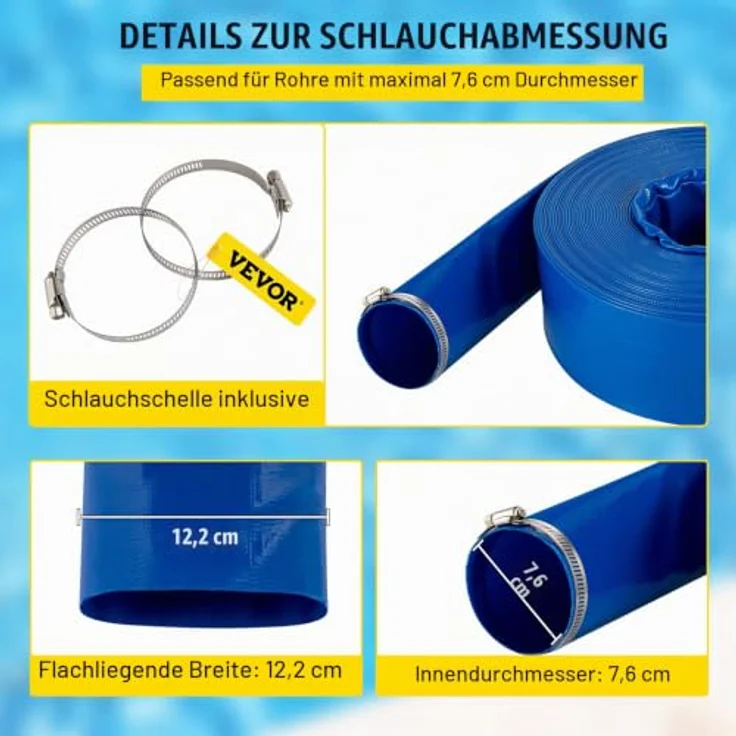 VEVOR Abflussschlauch, 76 mm x 32 m, robuster PVC-Rückspül-Ablaufschlauch mit Klemmen, wetterfest und platzsicher, ideal für Schwimmbad und Wassertransfer, blau – Bild 4