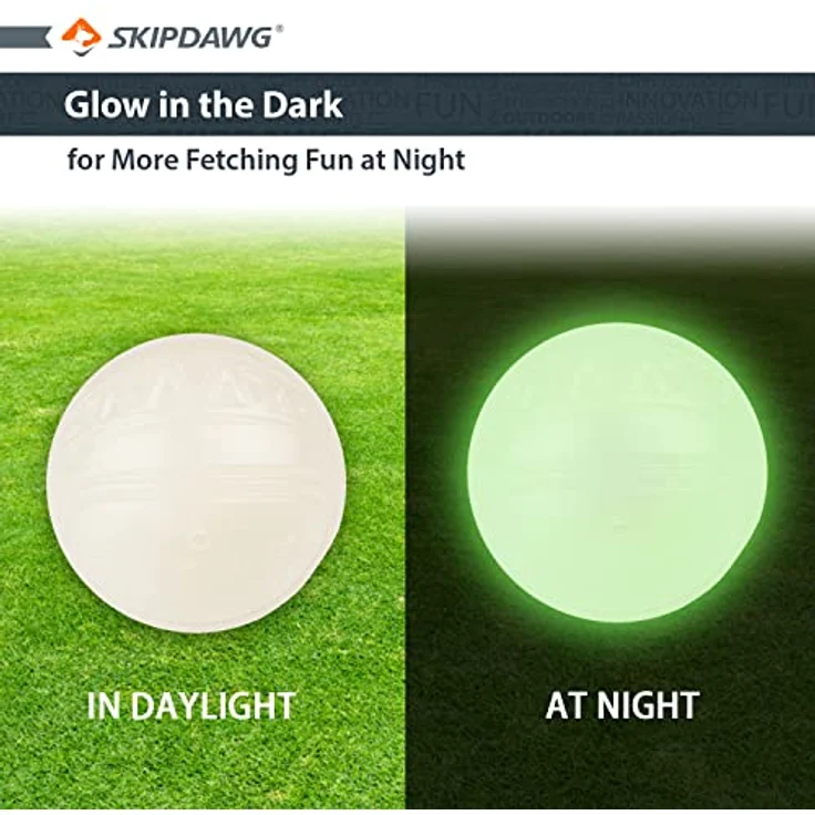 SKIPDAWG Neon Glow Ball, leuchtet im Dunklen, für Hunde, hochwertiger TPR-Kunststoff, mit Quietscher, sehr gut für Ballschleuder – Bild 3