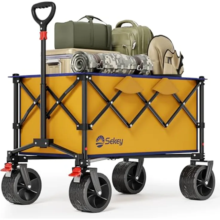 Sekey XXL Bollerwagen, Faltbar, 135L Volumen, 150kg belastbar, All-Terrain Räder mit Bremse, Patentierter 4-Wege-Sofortaufbau, Gelb