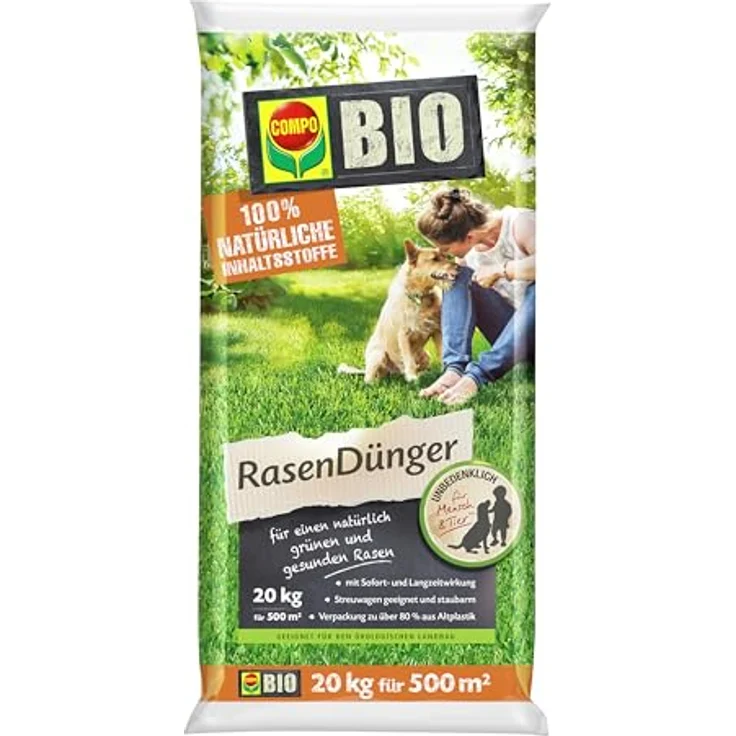 Compo Bio-Rasendünger 20 kg, 100% natürliche Inhaltsstoffe, für 500 m² Rasenfläche, staubarm und unbedenklich für Mensch und Tier – Bild 1