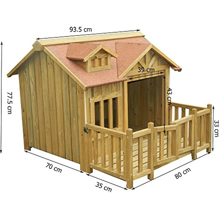 Wiltec Luxus XL Hundehütte 93,5 x 77,5 x 70 cm, braun, Hundehaus aus Holz mit Veranda, für Balkon Garten Terrasse – Bild 3