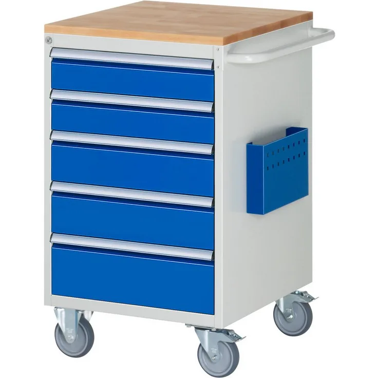 RAU Transportwagen Montagewagen 580x650x975mm, 5 Schubladen, lichtgrau/enzianblau, tragfähig bis 75 kg, mit Auszugsperre und Zylinderschloss