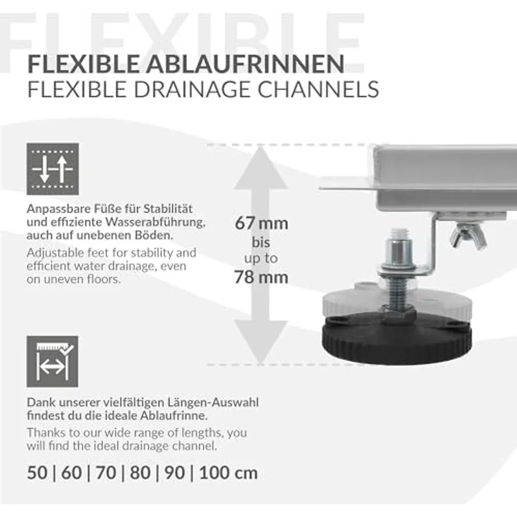 LuxeBath Duschrinne 50cm 2in1, befliesbar, extra flach, Edelstahl schwarz, doppelseitiger Bodenablauf mit Geruchsstop und Haarsieb, Komplettset mit Bodenbefestigung – Bild 4