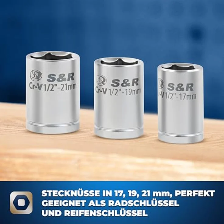 S&R Drehmomentschlüssel neues Patent: 2 in 1 Kreuz-Drehmoment-Schlüssel mit Spindelgriff, 1/2 Zoll, CRV-Stahl, stabiler Koffer, 3 Stecknüsse 17, 19, 21 mm – Bild 3