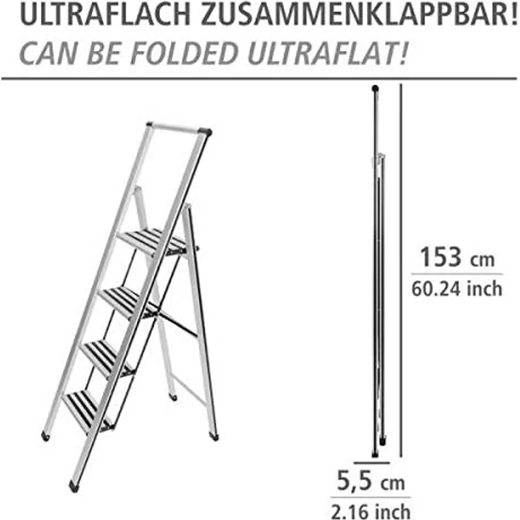 WENKO Leichte Aluminium Trittleiter mit 4 Stufen für 100 cm höheren Stand, rutschsichere XXL-Stufen, Design Klapptrittleiter mit 44 x 153 x 5,5 cm, Süd zertifiziert, matt silber – Bild 5