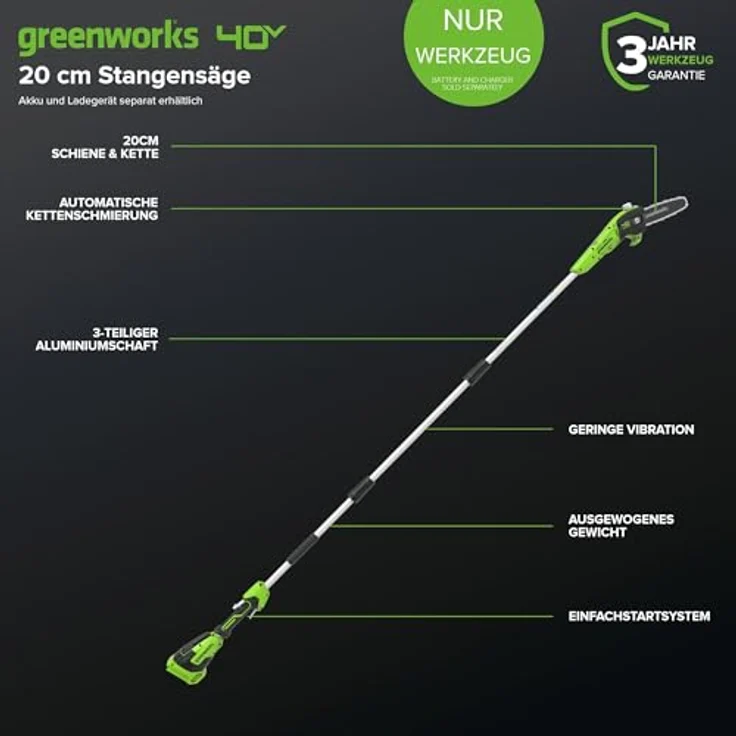 Greenworks Akku-Hochentaster G40PSF Li-Ion 40V 20cm Schwertlänge 8 m s Kettengeschwindigkeit Alustan – Bild 3