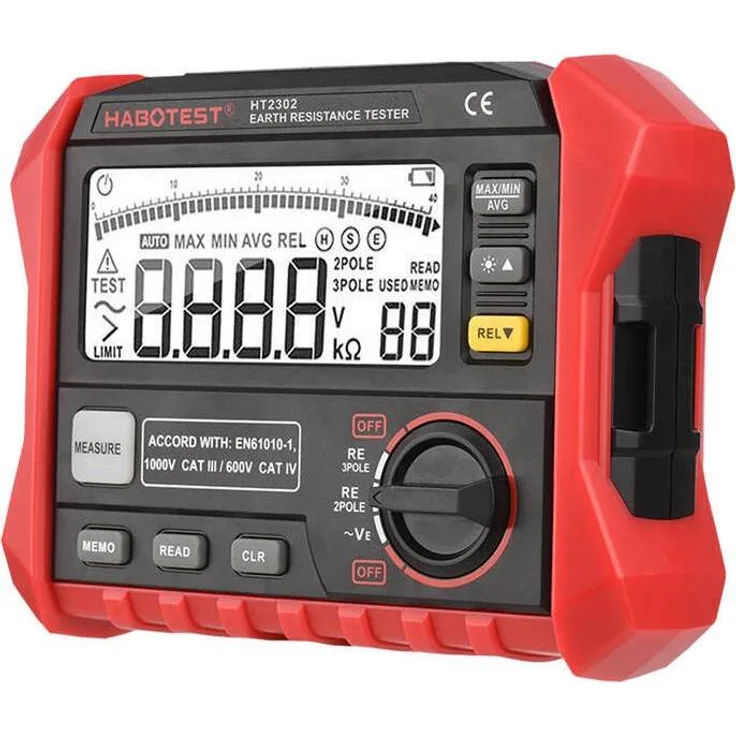 Habotest HT2302 Digital Earth Resistance Tester, CAT III, 0-4 kOhm Messbereich, LCD-Display, 100 Speicherplätze