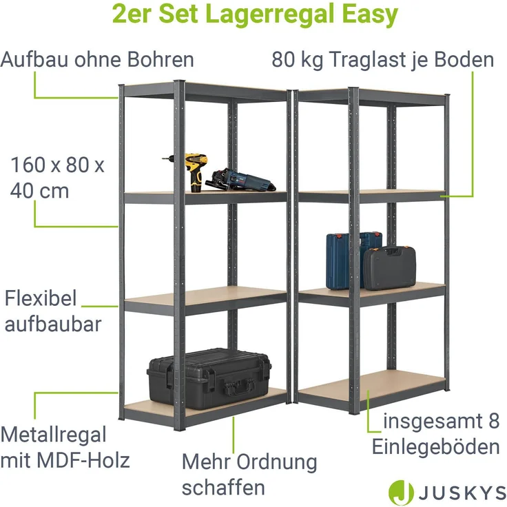 Juskys Lagerregal Easy 2er Set - Schwerlastregal 160x80x40 cm | 8 Böden | 640 kg | Metall verzinkt | Steckregal Kellerregal Metallregal Grau – Bild 3