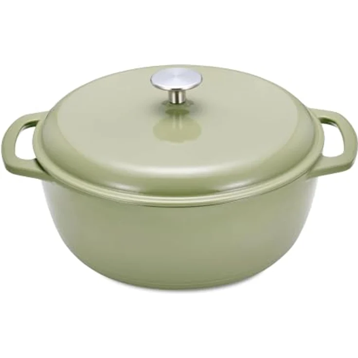 Amazon Basics Rundschmortopf, Emailliertes Gusseisen, 4,1 L, Olivgrün, mit Deckel, Backofenfest bis 260 °C, geeignet für Induktion – Bild 1