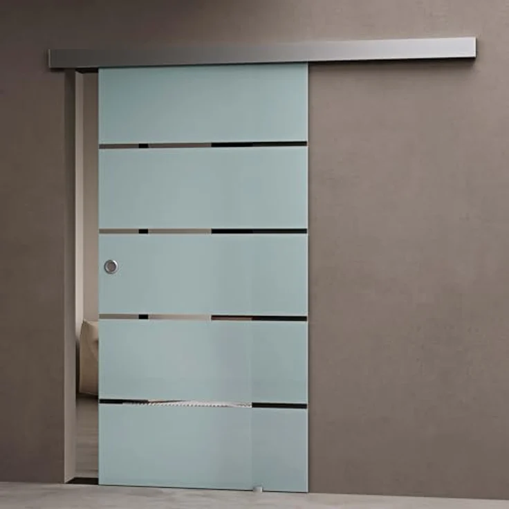 doporro Glasschiebetür Komplettset Softclose 90 x 215 cm | 15mm Wandabstand | ESG-Sicherheitsglas 8mm satiniert | Milchglas-Streifen | Muschelgriff | Amalfi-plus 11H – Bild 3