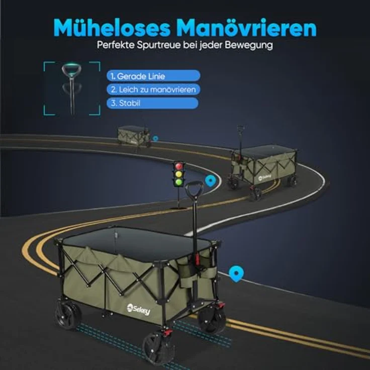 Sekey XXL Plus Bollerwagen, faltbar mit Bremsen, 200L, 200kg belastbar, extra breite All Terrain Reifen, patentierter Faltmechanismus, Grün – Bild 4