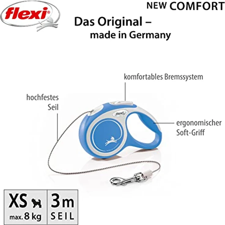 flexi Hundeleine, ausziehbar, mit weichem Griff, 3 m / 5 m / 8 m / 8 m / 8 - 20 kg, blau – Bild 2