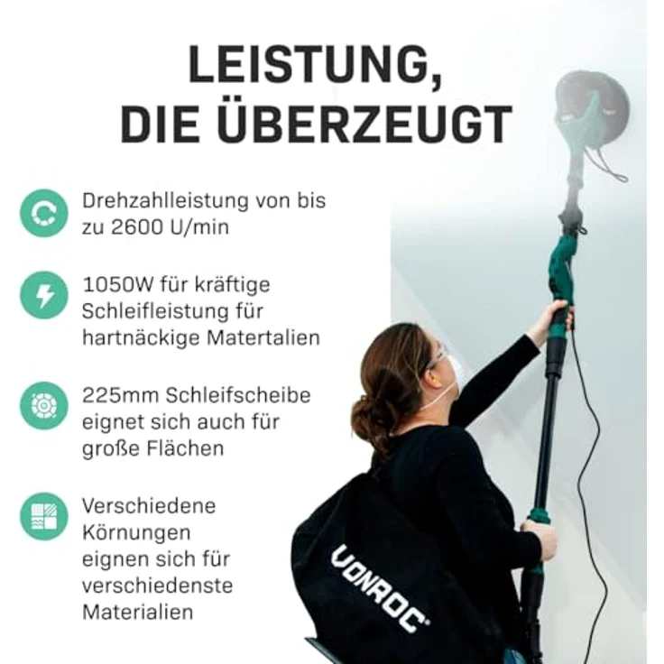 Vonroc - Deckenschleifer Wandschleifer 1050W - Ideal für Decke und Wand 180 mm – Bild 3