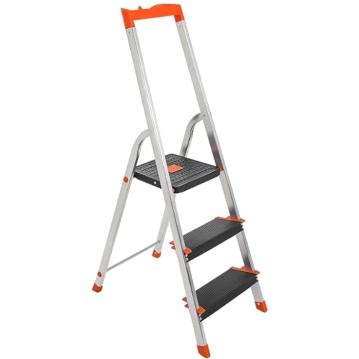 SONGMICS Leiter mit 3 Stufen, Aluleiter, 12 cm breite Stufen mit Riffelung, Anti-Rutsch-Füße, mit Handlauf, Werkzeugschale, bis 150 kg belastbar, schwarz-orange – Bild 1