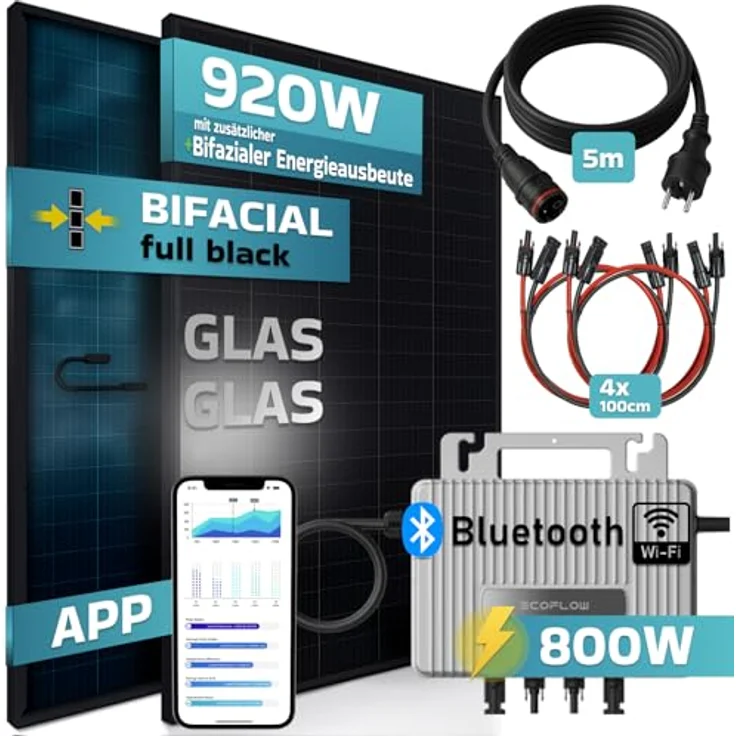 SUNNIVA Solaranlage Balkonkraftwerk BIFAZIAL 920W, Monokristallin, WIFI & Bluetooth integriert, drosselbar & upgradebar auf 600W oder 800W, 2x 460W Solarmodule, Schwarz – Bild 3
