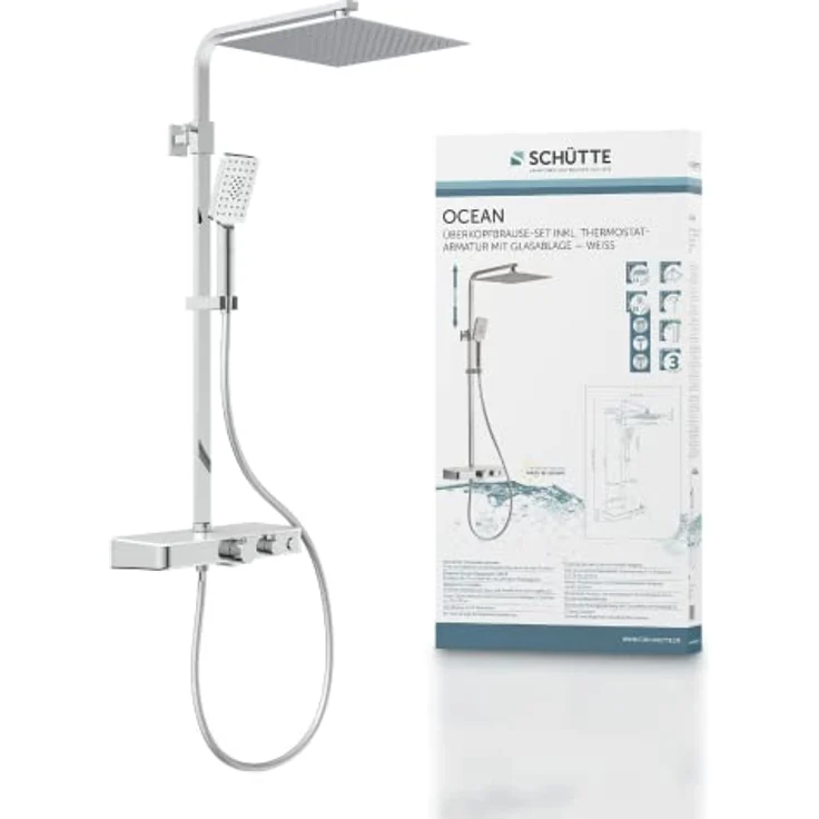SCHÜTTE OCEAN Duschsystem mit Thermostat und Glasablage - Duschset mit 30x30cm Duschkopf, Regendusche mit Wandhalterung und Duschkopf - Duschpaneel Duschsäule in Chrom/Weiß – Bild 1