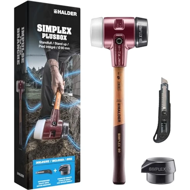 Halder Schonhammer SIMPLEX-Plusbox Starterkit, 80 mm Kopf, ergonomischer Holzstiel, Tempergussgehäuse, austauschbare Gummi- und Superplastik-Einsätze – Bild 1