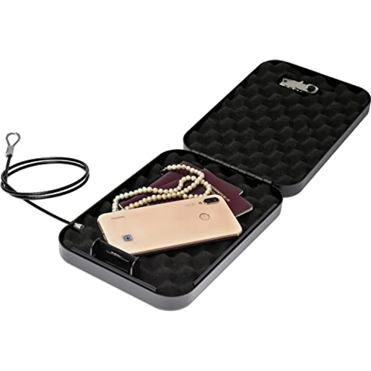 HMF 317-02 Sicherheitsbox mit Zahlenschloss, tragbarer Safe, Sicherungskabel | 24,5 x 16,5 x 5,7 cm | Schwarz – Bild 4