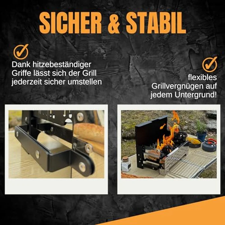 SCHNEIDERFREUDE Klappgrill 2.0, Höhenverstellbarer Holzkohle-Camping-Grill mit Doppelfunktions-Zangen & Tragetasche, DEKRA-geprüft – Bild 4