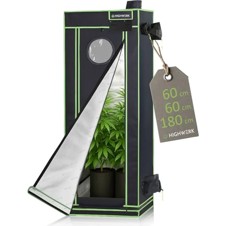 HIGHWERK Growzelt 60 x 60 x 180 cm, Indoor Grow tent für Homegrow, lichtundurchlässig, schwarz-grün, mit hochreflektierender Diamond Beschichtung – Bild 1