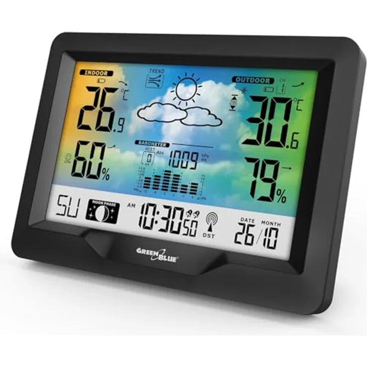 Greenblue GB540N, Funkwetterstation mit DCF, Mondphasen, Barometer, Kalender und kabellosem Aussensensor, schwarz