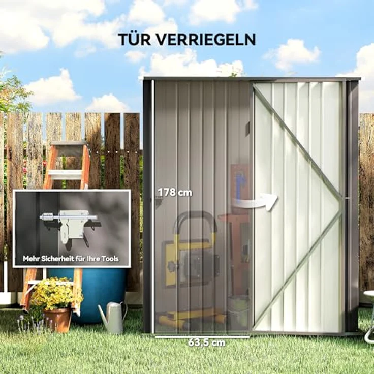 Outsunny Metall Gerätehaus 1,34m² mit Pultdach, abschließbare Tür, wetterfest, 161,5 x 94,5 x 196cm, hellgrau – Bild 4