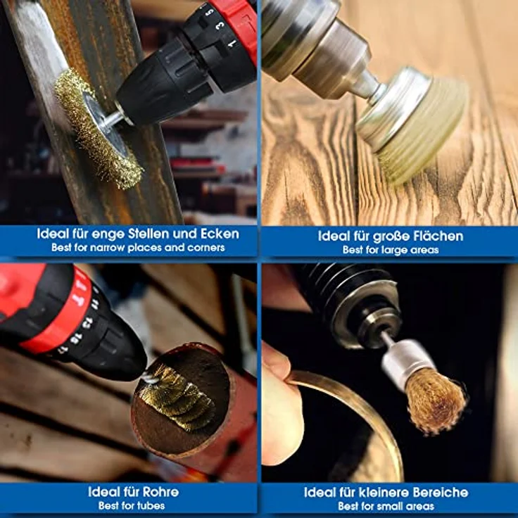 S&R Drahtbürsten Set 7-teilig, Stahldraht vermessingt, Rundschaft 6mm, Scheibenbürsten 38-100 mm, Topfbürste 75 mm, Pinselbürste 25 mm, Rohrbürste – Bild 3