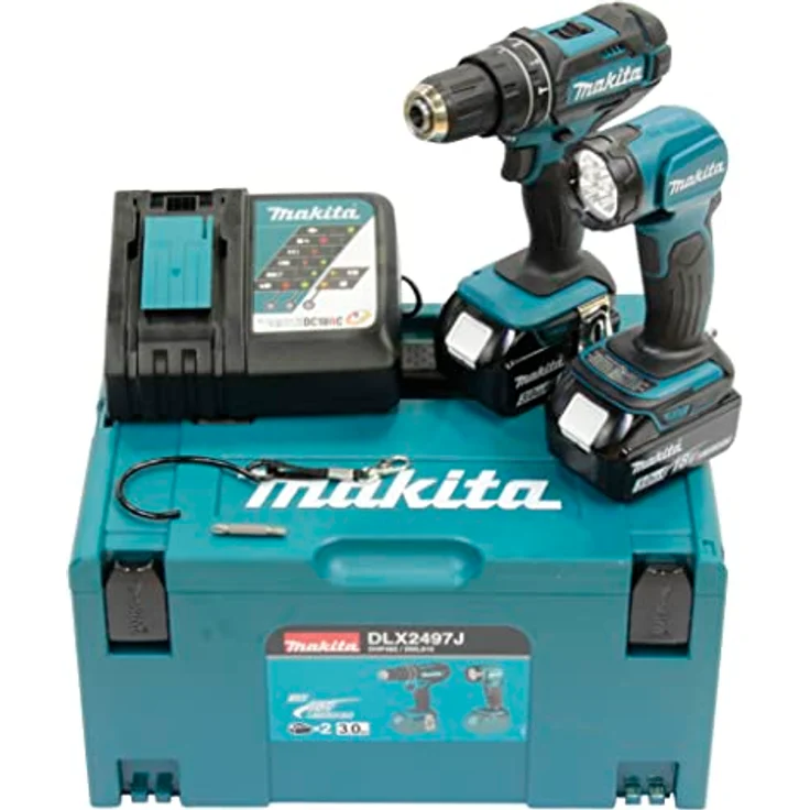 Makita DLX2497J Akku Kombo-Kit 18V Akku-Schlagbohrschrauber DHP482 LED-Akku-Handleuchte DML815 2 x 3 Ah Akku mit Schnellladegerät mit Makpac Gr. 2 – Bild 2