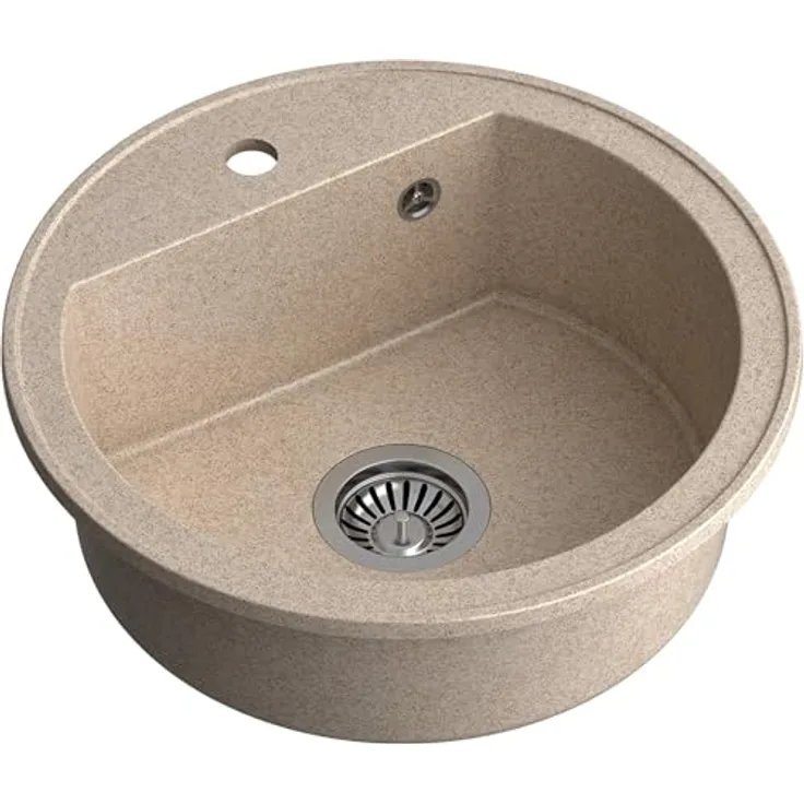 QUADRON CUBA 210 Rund Spülbecken, 1-Becken Granitspüle, Größe: 51 x 51 x 18 cm, Ø 43, beige mit Siphon