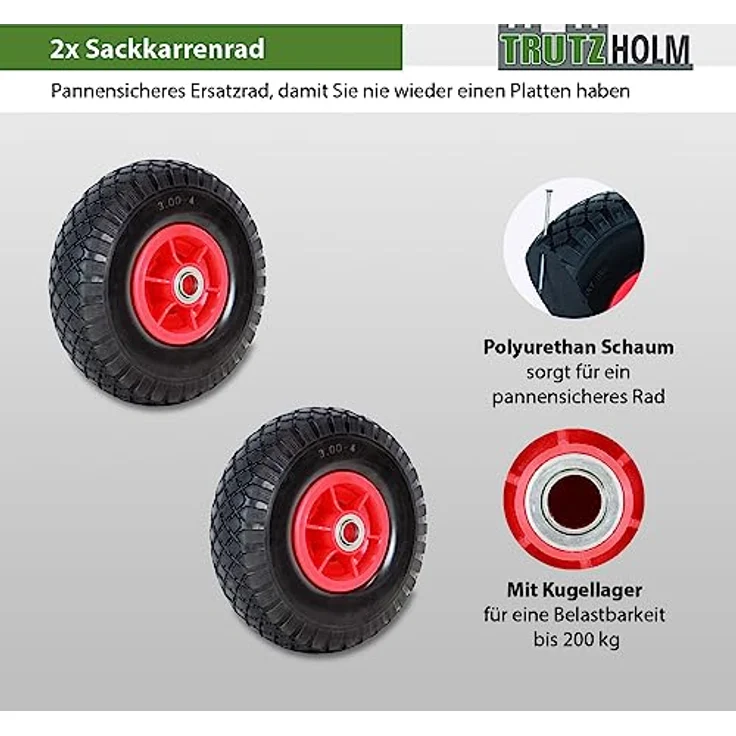 2x Sackkarrenrad Pannensicher 260x80 mm 3.00-4 PU Sackkarre Ersatzrad Rad Reifen – Bild 3