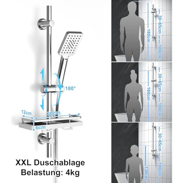 Görbach Duschset Edelstahl Duschstange mit Duschkopfhalterung, 70 cm, Chrom, wahlweise mit verstellbarer Duschablage und flexibler Montage – Bild 4