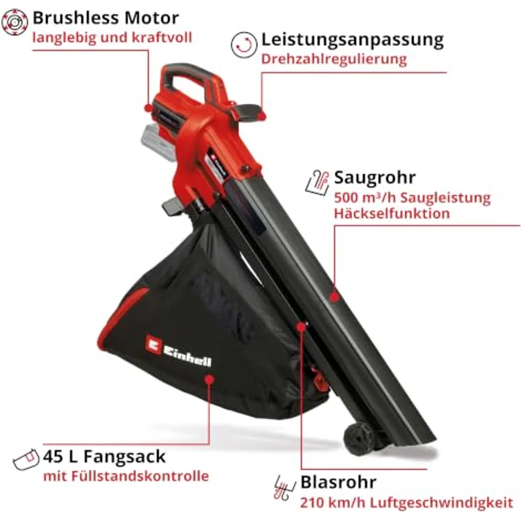Einhell Akku-Laubsauger 'Venturro' 18 V, kabellos mit 4,0 Ah Akku und Ladegerät, 500 m³/h Saugleistung, bürstenloser Motor, inkl. Häcksler und 45 L Fangsack – Bild 3