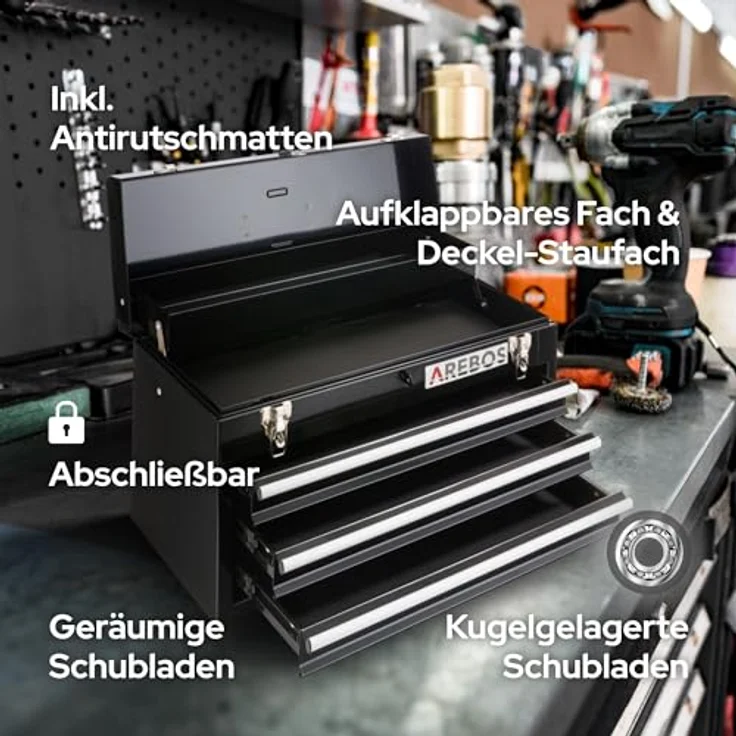 Canbolat Vertriebs Gmbh - AREBOS Werkzeugkoffer mit 3 Schubfächer schwarz - Werkzeugkasten Werkzeugbox Werkzeugkiste - schwarz – Bild 3