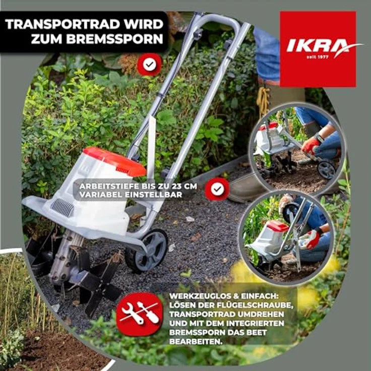 ikra GmbH Elektromotorhacke IET 1030, 30 cm Arbeitsbreite, 1.080-Watt-Motor, höhenverstellbarer Hacksporn, Sicherheitsschalter, Transportrad – Bild 3
