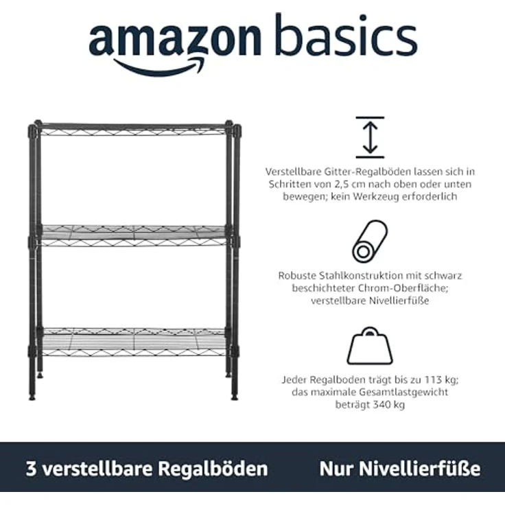 AmazonBasics Lagerregal mit 3 Regalböden, bis zu 115 kg pro Regalboden, Schwarz – Bild 2