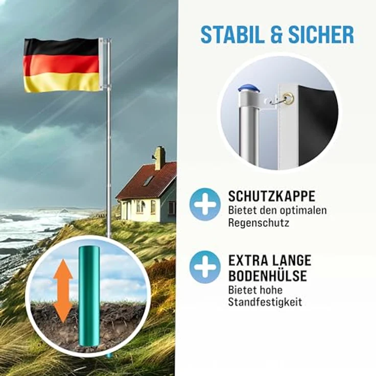Fahnenmast Aluminium Teleskop 630cm Bodenhülse 60cm inkl. Deutschlandfahne Flaggenmast Mast Flagge Alu – Bild 4