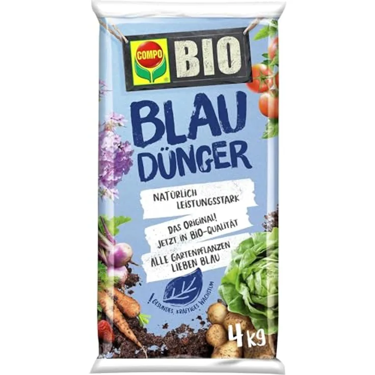 COMPO BIO Blaudünger, Bio-Dünger für Garten- und Balkonpflanzen, universell einsetzbar für Blumen, Gemüse und Obst, 4 kg, blau