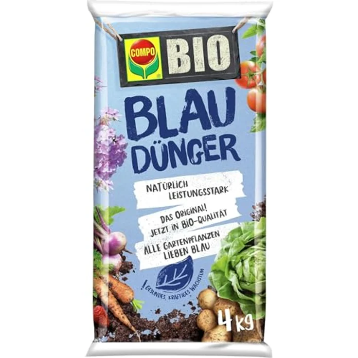 COMPO BIO Blaudünger, Bio-Dünger für Garten- und Balkonpflanzen, universell einsetzbar für Blumen, Gemüse und Obst, 4 kg, blau – Bild 1