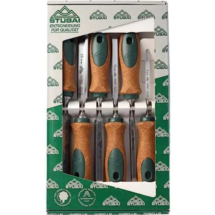 Stemmeisensatz Korkheft, 6-teiliges Set (6,10,13,16,20,26mm) Stemmeisen mit rutschfestem Korkgriff aus nachhaltiger Herstellung, Stubai Stechbeitel zur präzisen Holzbearbeitung, Spezial Stecheisen