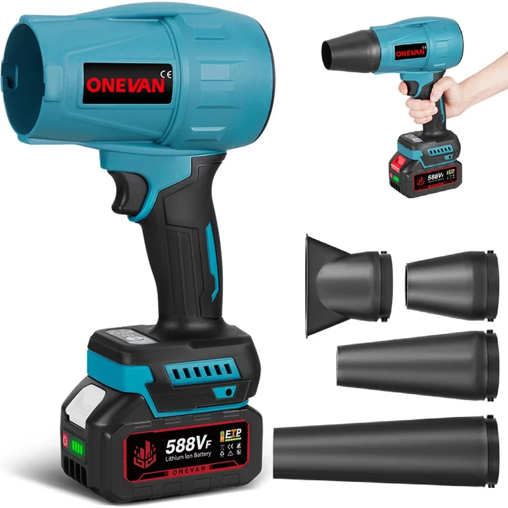 ONEVAN Turbo Gebläse, Bürstenloser Laubbläser mit Akku, 800 W, 300 m/s Jet Fan, 33.000 U/min, 4 Düsen, 3000 mAh Akku