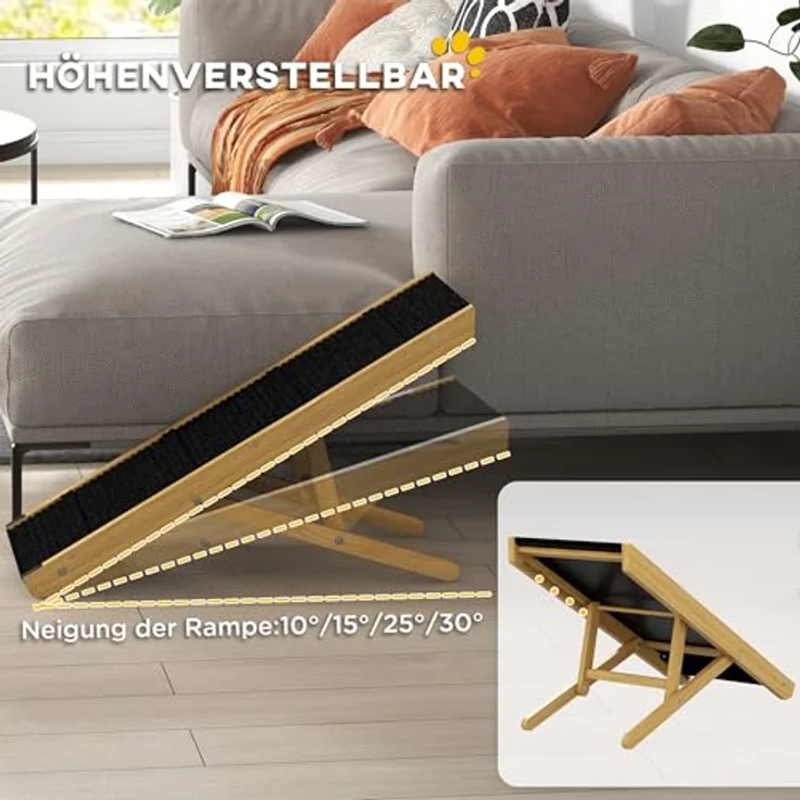 PawHut Hunderampe Klappbar, Höhenverstellbar Haustierrampe, rutschfest für Hunde bis 15 kg, Natur – Bild 4