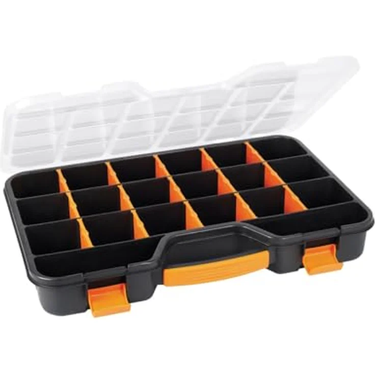 Perel Sortimentskasten, Kunststoff Aufbewahrungsbox, max. 20 Fächer mit 16 herausnehmbaren Trennwänden, transparenter Deckel, stapelbar, extra groß für Schrauben, Muttern, Nägel und Kleinteile – Bild 1